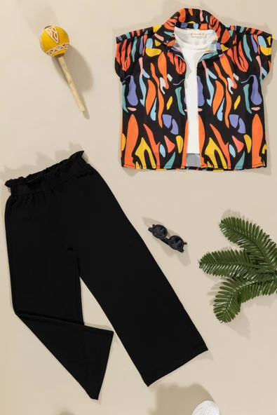 3'lü Baskılı Gömlek Tshirt Pantolon Siyah Takım - Resim 2