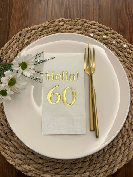 Gold Yaldızlı Beyaz hello Altmış Yaş Peçete 16 Adet