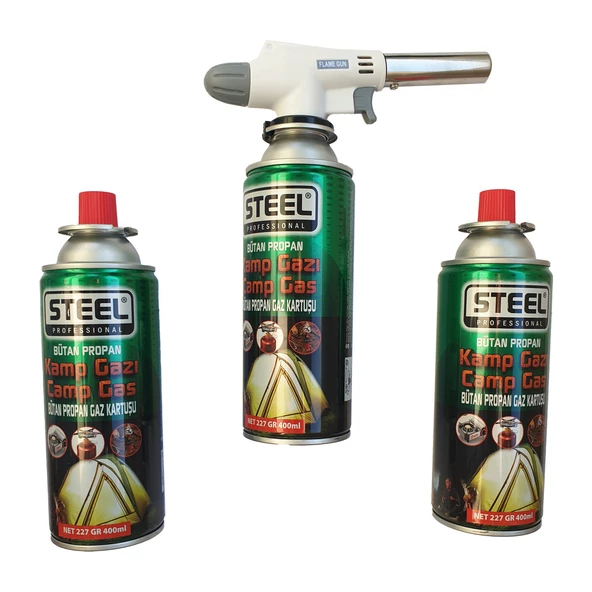 STEEL PROFESYONEL - 3 Adet 400 ml  Kamp Gazı - 1 Adet ( Flame Gun ) Pürmüz Çakmak