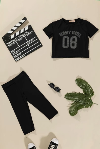 3'lü Baby Girl Baskılı Tshirt Atlet Tayt Siyah Takım - Resim 6