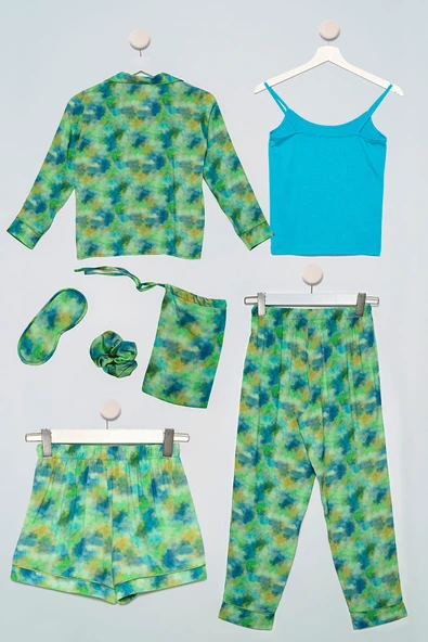 7'li  Biyeli Batik Yeşil Pijama Takımı - 2