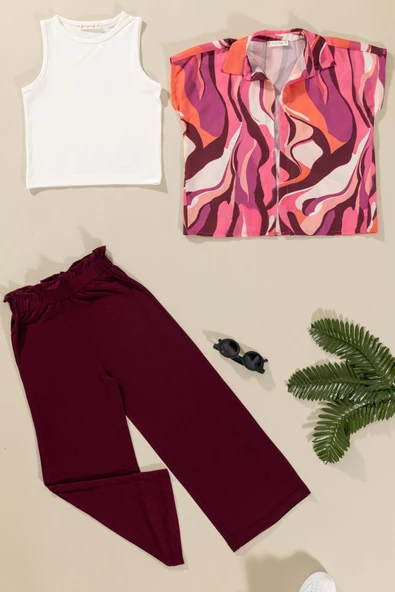 3'lü Desenli Gömlek Tshirt Pantolon Bordo Takım