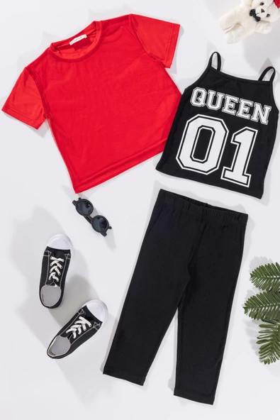 3'lü Queen Baskılı Tshirt Atlet Tayt Siyah Takım ürün görseli 1