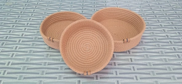 DEKORATİF 3 ADET SEPET YUVARLAK GOLD Jüt Düzenleyici Organizer Kordon Halat İp Örme