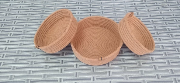 DEKORATİF 3 ADET SEPET YUVARLAK GOLD Jüt Düzenleyici Organizer Kordon Halat İp Örme - 2