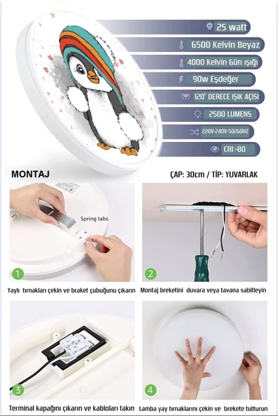 Gökyüzü Panel Sevimli Penguen Avize-led Avize-25watt-30cm X 30cm,çocuk Odası Avize, Avize Modelleri,avize - 2