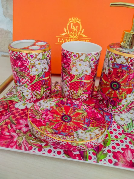 Lilyum Desen Porselen 5li Banyo Seti 31x20cm - 6