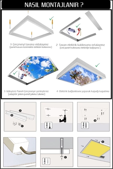 Gökyüzü Panel 124cm X 124cm-dörtlü- Led-sıva Üstü-216watt-salon Tavan-led Aydınlatma-avize Modelleri - 5