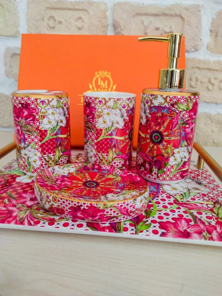 Lilyum Desen Porselen 5li Banyo Seti 31x20cm - 5