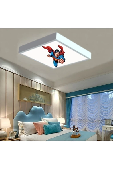 Gökyüzü Panel Super Man Çocuk Led Avize-ışık 54w Güçlü Aydınlatma-60x60 Beyaz Kare Çerçeve- - 4