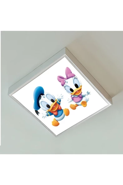 Gökyüzü Panel Baby Donald Duck Çocuk Odası Led Avize Göz Yormayaz-60 cmx60 cm Kare Beyaz Işık Beyaz Metal Çerçeve