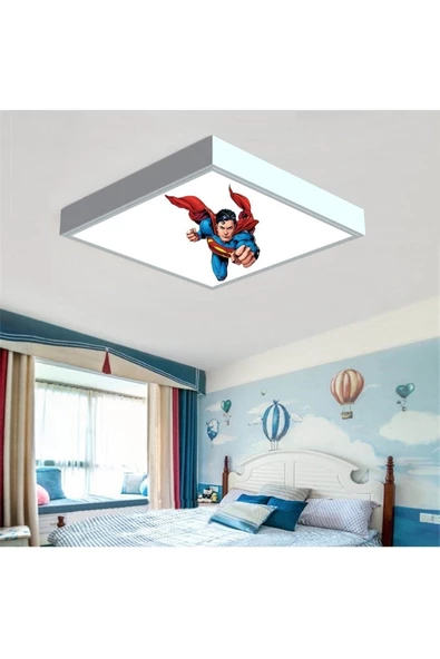 Gökyüzü Panel Super Man Çocuk Led Avize-ışık 54w Güçlü Aydınlatma-60x60 Beyaz Kare Çerçeve- - 2