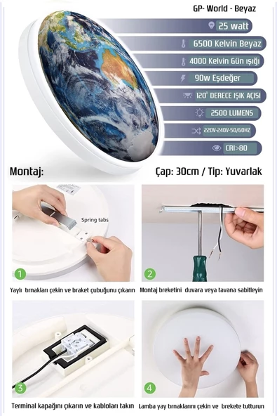 Gökyüzü Panel World Model,led Aplik, 30cm Çap,led 25watt, Modern,duvar Aplik, Yatak Odası Aplik,iç Mekan Aplik - 4