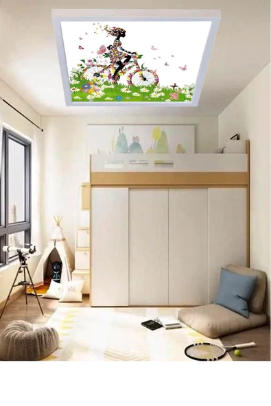 Gökyüzü Panel Bisikletli Kız Genç Odası Led Aydınlatma Avize- 54w Modern Tasarım 60x60 Beyaz Işık Tavan Lambası - 4