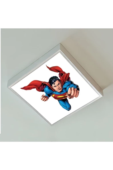 Gökyüzü Panel Super Man Çocuk Led Avize-ışık 54w Güçlü Aydınlatma-60x60 Beyaz Kare Çerçeve-