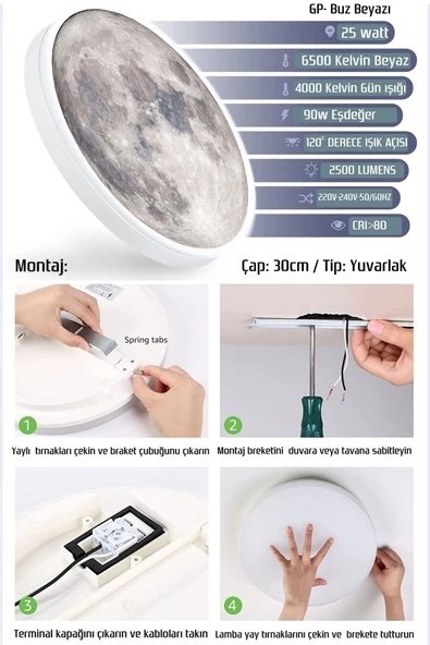 Gökyüzü Panel Salon Aplik-moon Led Aplik,30cm Çap, Led 25watt Modern Duvar Aplik Yatak Odası Aplik Duvar Lambası - 3
