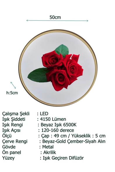 Gökyüzü Panel Kırmız Güler Avize, GOLD LEDLİ TAVAN ARMATÜR 45W, BEYAZ IŞIK 7000K - 50cm Avize Yuvarlak LED Lamp