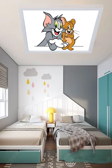 Gökyüzü Panel Yatak Odası Avize Tom Ve Jerry Ledli Avize 54w Beyaz Çerçeveli - 5