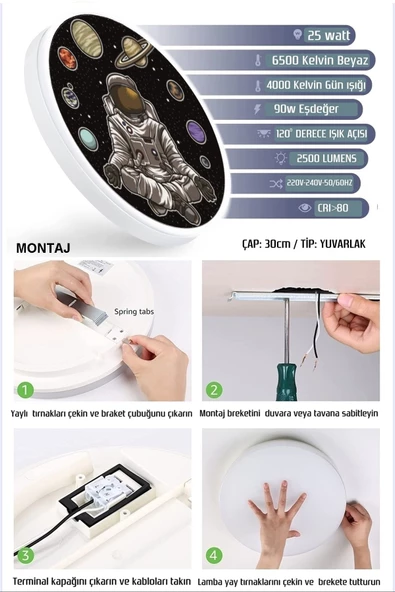 Gökyüzü Panel Space, Astronot Aplik-led Aplik-25watt-30cm Çap, Çocuk Odası Aplik, Aplik Modelleri, Trendyol Aplik - 4
