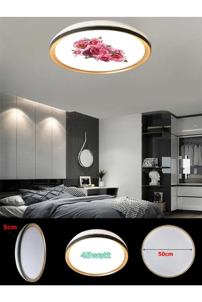 Gökyüzü Panel 50cm Yuvarlak Avize, Gül Baskı,Güçlü ışık,  GOLD LEDLİ TAVAN ARMATÜRÜ, 45Watt, BEYAZ IŞIK, 7000K, - 5