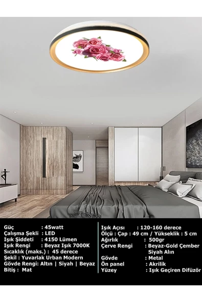 Gökyüzü Panel 50cm Yuvarlak Avize, Gül Baskı,Güçlü ışık,  GOLD LEDLİ TAVAN ARMATÜRÜ, 45Watt, BEYAZ IŞIK, 7000K, - 3