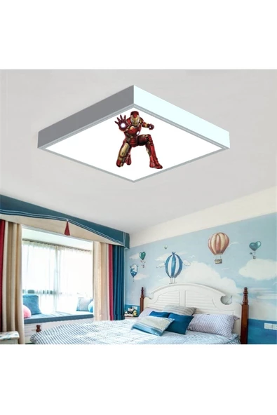 Gökyüzü Panel Iron Man Çocuk Odası Led Avize 60x60 Baskılı-beyaz Çerçeve Led Işık Kolay Montaj 54w Homojen Dağılım - 4