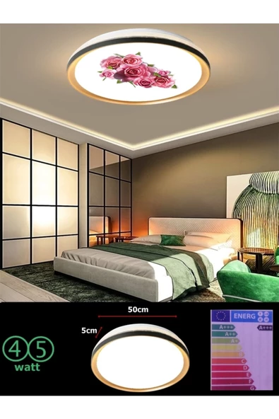 Gökyüzü Panel 50cm Yuvarlak Avize, Gül Baskı,Güçlü ışık,  GOLD LEDLİ TAVAN ARMATÜRÜ, 45Watt, BEYAZ IŞIK, 7000K, - 2