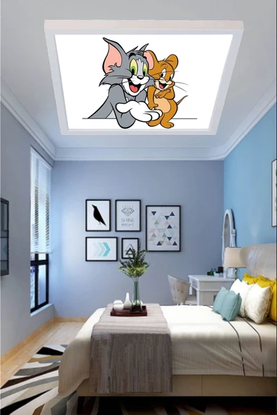 Gökyüzü Panel Yatak Odası Avize Tom Ve Jerry Ledli Avize 54w Beyaz Çerçeveli - 2