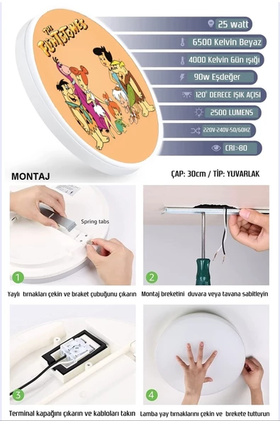 Gökyüzü Panel Taş Devri Aplik-led Aplik-25watt-30cm Çap, Çocuk Odası Aplik, Aplik Modelleri, Flintstones Aplik - 3