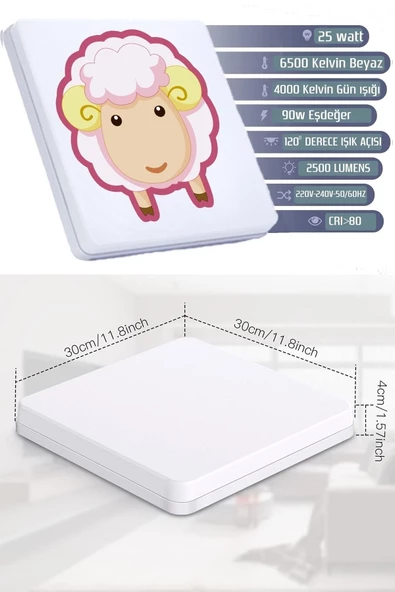 Gökyüzü Panel Lüks Çocuk Odası Avize 25watt-30cm X 30cm Lüks Led Aydınlatma, Küçük Koyun, Çocuk Avize Modelleri - 4
