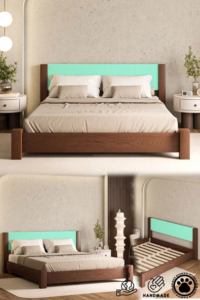 WOODMAN FURNITE & WOOD IRON TROPIC CEVİZ BOYALI TEK VE ÇİFT KİŞİLİK AMERİKAN ÇAMI MASİF AHŞAP KARYOLA TURKUAZ PUF BAŞLIK ürün görseli