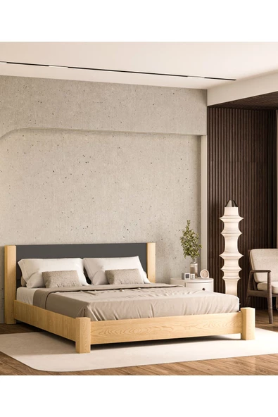 WOODMAN FURNITE & WOOD Iron Natura Mat Vernikli Tek Ve Çift Kişilik Amerikan Çamı Masif Ahşap Karyola ANTRASİT Puf Başlık - 4