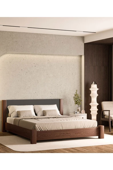 WOODMAN FURNITE & WOOD IRON TROPIC CEVİZ BOYALI TEK VE ÇİFT KİŞİLİK AMERİKAN ÇAMI MASİF AHŞAP KARYOLA ANTRASIT PUF BAŞLIK - Resim 3