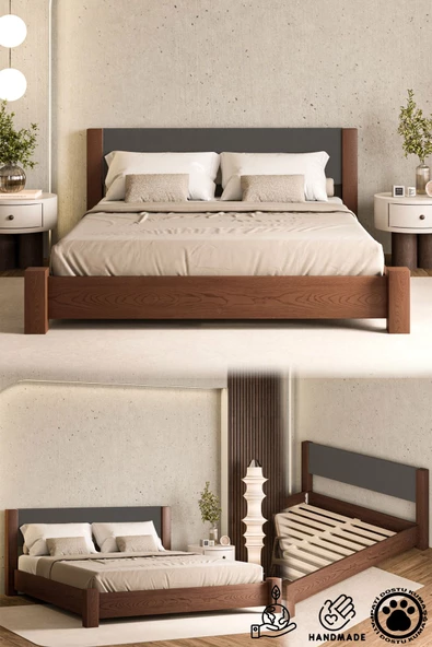 WOODMAN FURNITE & WOOD IRON TROPIC CEVİZ BOYALI TEK VE ÇİFT KİŞİLİK AMERİKAN ÇAMI MASİF AHŞAP KARYOLA ANTRASIT PUF BAŞLIK ürün görseli