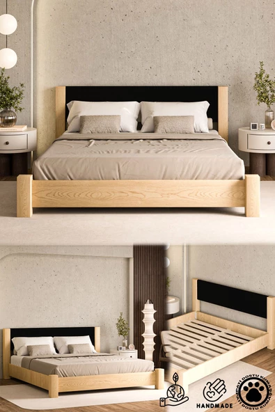 WOODMAN FURNITE & WOOD Iron Natura Mat Vernikli Tek Ve Çift Kişilik Amerikan Çamı Masif Ahşap Karyola SİYAH Puf Başlık ürün görseli 1