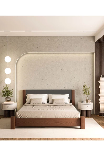 WOODMAN FURNITE & WOOD IRON TROPIC CEVİZ BOYALI TEK VE ÇİFT KİŞİLİK AMERİKAN ÇAMI MASİF AHŞAP KARYOLA ANTRASİT PUF BAŞLIK - Resim 2