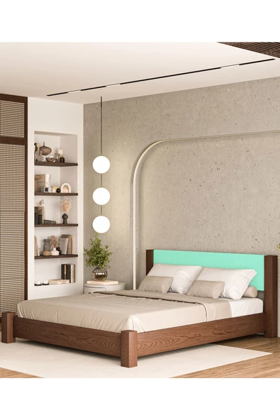 WOODMAN FURNITE & WOOD IRON TROPIC CEVİZ BOYALI TEK VE ÇİFT KİŞİLİK AMERİKAN ÇAMI MASİF AHŞAP KARYOLA TURKUAZ PUF BAŞLIK - Resim 4