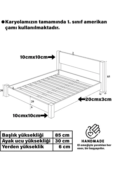 WOODMAN FURNITE & WOOD Iron Natura Parlak Vernikli Tek Ve Çift Kişilik Amerikan Çamı Masif Ahşap Karyola SİYAH Puf Başlık - 7