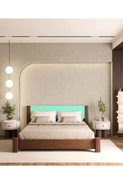 WOODMAN FURNITE & WOOD IRON TROPIC CEVİZ BOYALI TEK VE ÇİFT KİŞİLİK AMERİKAN ÇAMI MASİF AHŞAP KARYOLA TURKUAZ PUF BAŞLIK - Resim 2