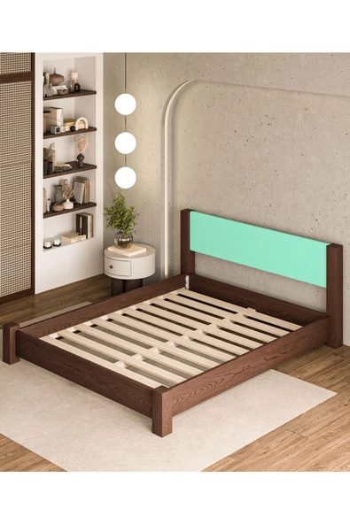 WOODMAN FURNITE & WOOD IRON TROPIC CEVİZ BOYALI TEK VE ÇİFT KİŞİLİK AMERİKAN ÇAMI MASİF AHŞAP KARYOLA TURKUAZ PUF BAŞLIK - Resim 6