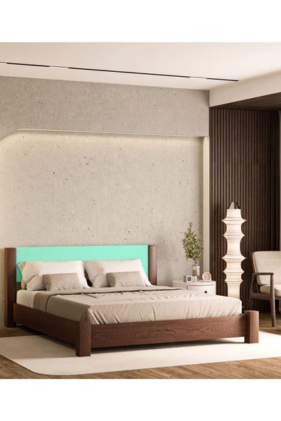 WOODMAN FURNITE & WOOD IRON TROPIC CEVİZ BOYALI TEK VE ÇİFT KİŞİLİK AMERİKAN ÇAMI MASİF AHŞAP KARYOLA TURKUAZ PUF BAŞLIK - Resim 3