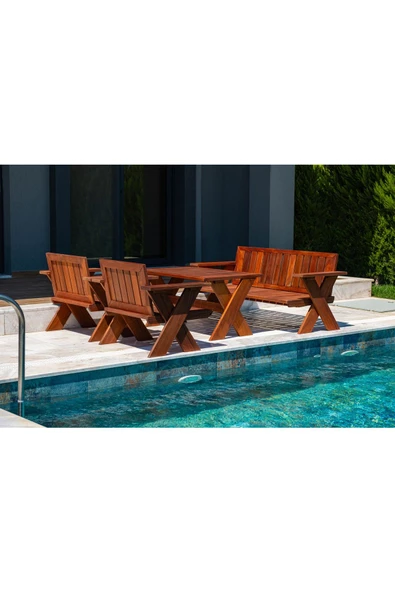 WOODMAN FURNITE & WOOD 4 Kişilik Sehpalı Orta Masalı Ahşap Bahçe Balkon Oturma Takımı Masif Maun Ağacı - 2