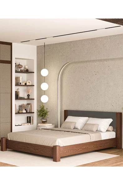 WOODMAN FURNITE & WOOD IRON TROPIC CEVİZ BOYALI TEK VE ÇİFT KİŞİLİK AMERİKAN ÇAMI MASİF AHŞAP KARYOLA ANTRASIT PUF BAŞLIK - Resim 4