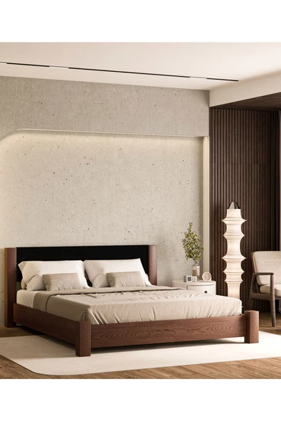 WOODMAN FURNITE & WOOD IRON TROPIC CEVİZ BOYALI TEK VE ÇİFT KİŞİLİK AMERİKAN ÇAMI MASİF AHŞAP KARYOLA SİYAH PUF BAŞLIK - Resim 3