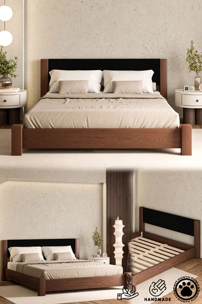 WOODMAN FURNITE & WOOD IRON TROPIC CEVİZ BOYALI TEK VE ÇİFT KİŞİLİK AMERİKAN ÇAMI MASİF AHŞAP KARYOLA SİYAH PUF BAŞLIK ürün görseli