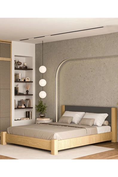 WOODMAN FURNITE & WOOD Iron Natura Mat Vernikli Tek Ve Çift Kişilik Amerikan Çamı Masif Ahşap Karyola ANTRASİT Puf Başlık - 3