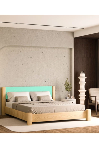 WOODMAN FURNITE & WOOD Iron Natura Mat Vernikli Tek Ve Çift Kişilik Amerikan Çamı Masif Ahşap Karyola TURKUAZ Puf Başlık - 4