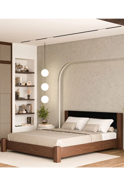 WOODMAN FURNITE & WOOD IRON TROPIC CEVİZ BOYALI TEK VE ÇİFT KİŞİLİK AMERİKAN ÇAMI MASİF AHŞAP KARYOLA SİYAH PUF BAŞLIK - Resim 4