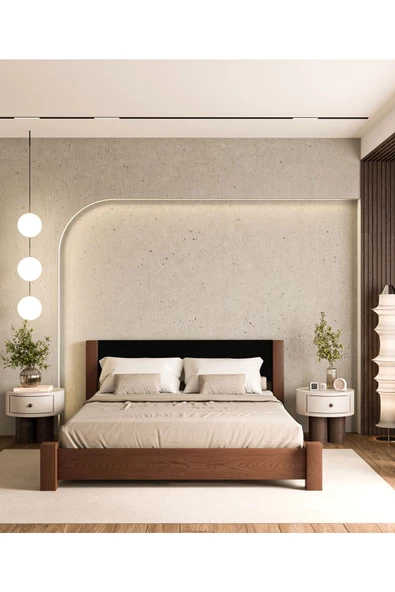 WOODMAN FURNITE & WOOD IRON TROPIC CEVİZ BOYALI TEK VE ÇİFT KİŞİLİK AMERİKAN ÇAMI MASİF AHŞAP KARYOLA SİYAH PUF BAŞLIK - Resim 2