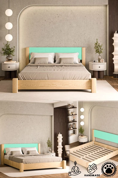 WOODMAN FURNITE & WOOD Iron Natura Parlak Vernikli Tek Ve Çift Kişilik Amerikan Çamı Masif Ahşap Karyola TURKUAZ Puf Başlık - 1